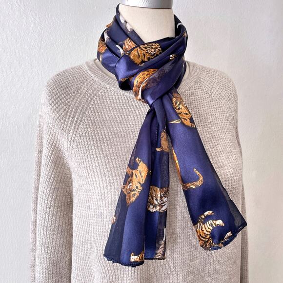 Vintage Animal Print Cats Scarf Wrap Semi Sheer Striped Blue White Orange Satin - Picture 5 of 9